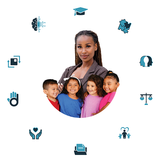 Info graphic image, Education Technology, IDEA, Autism, Behavior and Discipline, Legal Research, Early Childhood, IEPs, Section 504, Specific Disabilities, Transition | Image of a Special Educator with students.